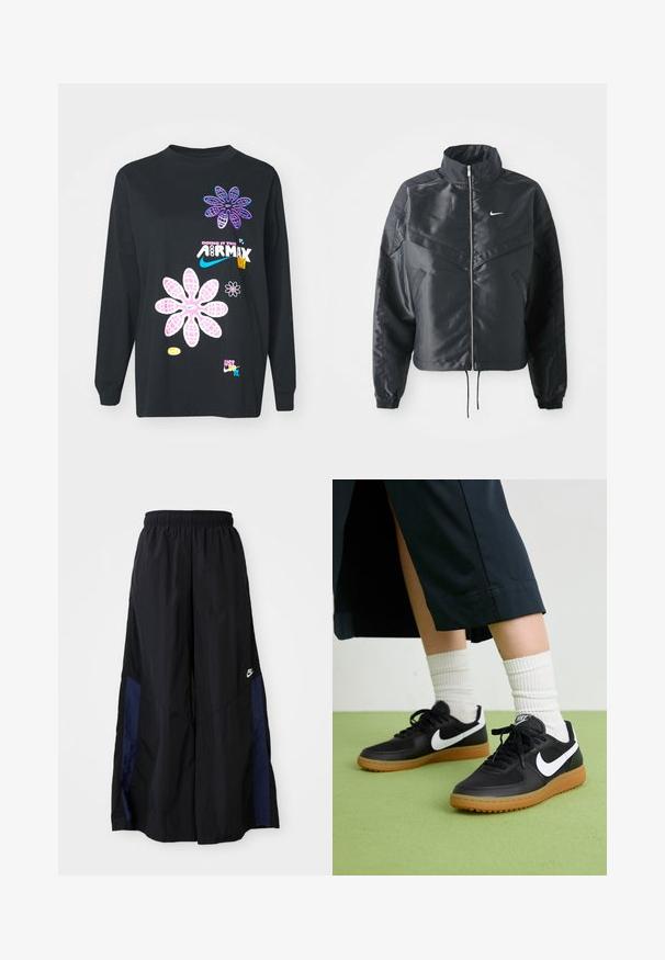 Jachetă croppată neagră cu guler înalt, închidere cu fermoar, manșete din elastan și un logo alb Nike. Material neted, lucios, cu o suprafață ușor texturată.; Tricou negru cu mânecă lungă, având grafice florale colorate și text, inclusiv "FACEM ASTA ÎN STIL AIRMAX" și "DOAR FĂ-O."; Pantaloni negri cu croi larg, confecționați dintr-un material ușor, având un panou lateral albastru marin și un brâu elastic. Logo mic alb în partea de jos.; Sneakers negre din piele și material sintetic cu logo-ul alb Nike, talpă din cauciuc, vârful rotund și șireturi negre. Șosete albe cu nervuri vizibile.