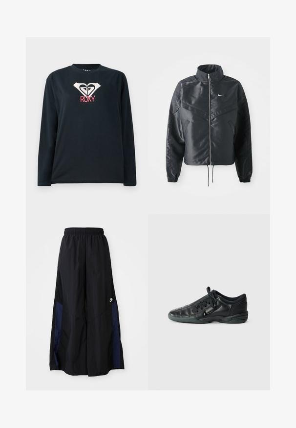 Schwarze, verkürzte Jacke mit hohem Kragen, Reißverschluss, Elastan-Ärmeln und einem weißen Nike-Logo. Glattes, glänzendes Material mit leicht strukturiertem Oberflächeneffekt.; Schwarzes Langarm-T-Shirt aus Baumwolle mit einem weißen Herz-Logo, das zwei Gesichter zeigt, und "ROXY" in Pink unter dem Logo.; Schwarze weit geschnittene Hose aus leichtem Stoff, mit einem dunkelblauen Seitenpanel und einem elastischen Bund. Kleines weißes Logo am unteren Ende.; Schwarzer, lederner Sportschuh mit einem gesteppten Design, abgerundeter Spitze, Schnürung vorne und Gummisohle. Mit dezentem Branding an der Seite.