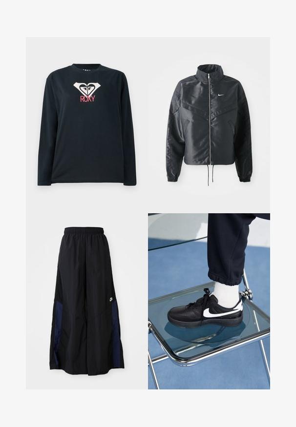 Mustat lyhyet takit, joissa on korkea kaulus, vetoketjukiinnitys, elastaanista valmistetut hihan suut ja valkoinen Nike-logo. Sileä, kiiltävä kangas, jossa on hieman tekstuuria.; Musta pitkähihaisen T-paita, joka on valmistettu puuvillasta. Paita sisältää valkoisen sydänlogon, jossa on kaksi kasvoa, ja alhaalla logoa on "ROXY" vaaleanpunaisella.; Musta leveälahkeinen housu, joka on valmistettu kevyestä kankaasta. Housuissa on tummansininen sivupaneeli ja joustava vyötärö. Alhaalla on pieni valkoinen logo.; Mustat Nike-tennarit valkoisilla yksityiskohdilla, joissa on sileä nahkapinta, nauhakiinnitys ja pyöreä varvas, aseteltuna lasituolille.