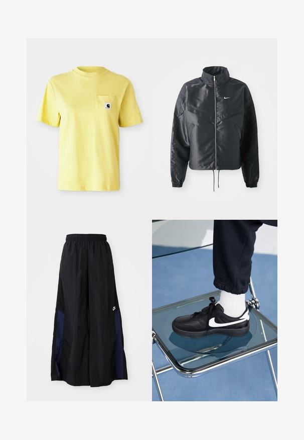 Black cropped jacket with high collar, zip closure, elastane cuffs, and a white Nike logo. Smooth, shiny fabric with a slightly textured surface.; Yellow cotton t-shirt with short sleeves, round neckline, and a front pocket featuring a black logo patch. Smooth texture, casual design.; Black wide-leg pants made of lightweight fabric, featuring a navy blue side panel and an elastic waistband. Small white logo on bottom.; Black Nike sneakers with white accents, featuring a smooth leather texture, lace-up design, and rounded toe, positioned on a glass chair.