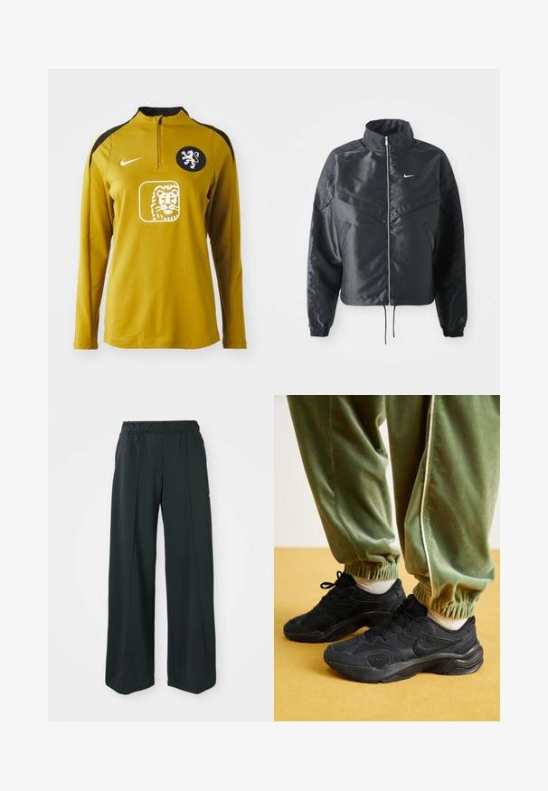 Black cropped jacket with high collar, zip closure, elastane cuffs, and a white Nike logo. Smooth, shiny fabric with a slightly textured surface.; Yellow long-sleeve sports top with a quarter zip, black shoulder accents, a lion emblem on the chest, and Nike logo on the left shoulder.; Black, wide-leg athletic pants with an elastic waistband. Made from smooth, stretchy fabric, featuring subtle front seams and no pockets.; Black athletic sneakers with mesh and synthetic overlays, textured sole, paired with green, elastic-cuffed sweatpants, on yellow surface.