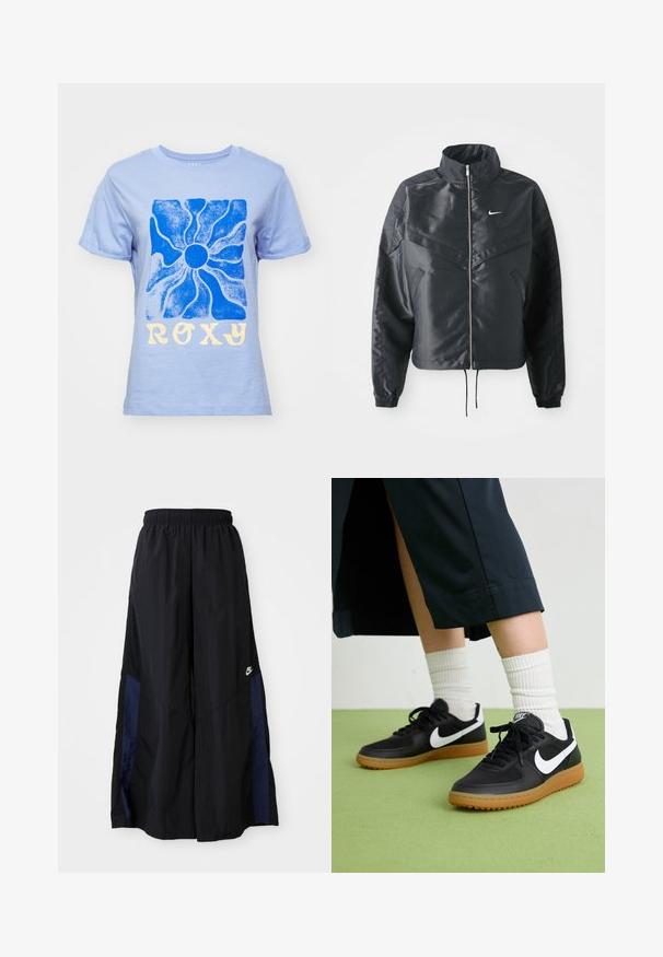 Casaco preto curto com colarinho alto, fecho de zip, punhos em elastano e um logótipo Nike branco. Tecido suave e brilhante com uma superfície ligeiramente texturizada.; T-shirt de algodão azul claro com um gráfico de sol azul e "ROXY" em letras amarelas. Gola redonda clássica e mangas curtas.; Calças largas pretas feitas de tecido leve, com um painel lateral azul-marinho e cintura elástica. Pequeno logótipo branco na parte inferior.; Sapatilhas pretas em couro e sintético com o logo da Nike em branco, sola de borracha tipo goma, bico redondo e atacadores pretos. Meias brancas com frunces visíveis.