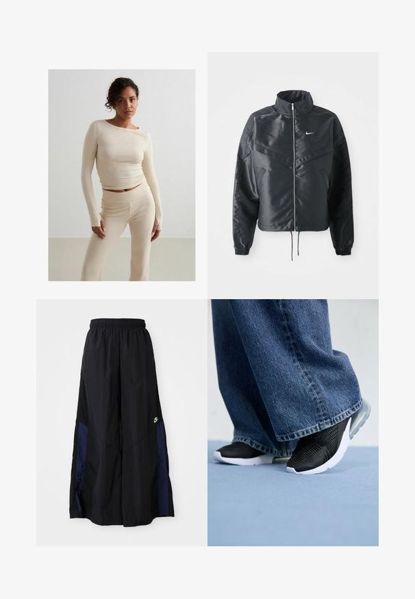 Črna skrajšana jakna z visokim ovratnikom, zadrgo, elastan rokavi in belim logotipom Nike. Gladek, sijoč material z rahlo teksturirano površino.; Bež ribana majica s dugimi rokavi in ujemajoči se hlačami z visokim pasom, mehka tekstura, prilegajoča zasnova, minimalistični slog, z diskretnimi šivi.; Črne široke hlače iz lahkega materiala, z morsko modrim stranskim panelom in elastičnim pasom. Majhna bela oznaka na dnu.; Črne atletske čevlje z mrežasto podrobnostjo, belo podplat in vidno zračno blazinico, v kombinaciji z modrimi širokimi kavbojkami.