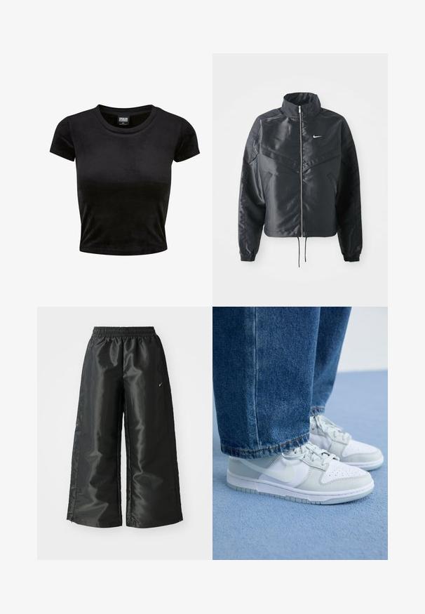 Zwarte cropped jack met hoge kraag, ritsluiting, elastische manchetten en een wit Nike-logo. Glad, glanzend materiaal met een licht gestructureerd oppervlak.; Zwart kortemouwen crop top gemaakt van zacht, viltachtig materiaal. Heeft een klassieke ronde halslijn en een eenvoudig ontwerp zonder patronen of accenten.; Zwarte sportbroek van een glanzende, gladde stof, met een elastische tailleband, wijde pijpen en een klein logo aan de linkerkant.; Nike sneakers in wit en lichtgrijs leer met geperforeerde neus, platte veters en een rubberen zool, gedragen met blauwe denim jeans.