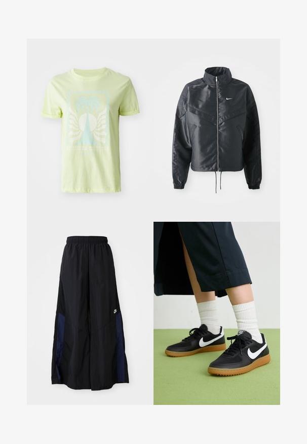 Black cropped jacket with high collar, zip closure, elastane cuffs, and a white Nike logo. Smooth, shiny fabric with a slightly textured surface.; Light green t-shirt made of cotton, featuring a blue palm tree graphic and "SUMMER DREAMS" text, with rolled short sleeves.; Black wide-leg pants made of lightweight fabric, featuring a navy blue side panel and an elastic waistband. Small white logo on bottom.; Black leather and synthetic sneakers with white Nike swoosh, rubber gum sole, round toe, and black laces. Ribbed white socks visible.
