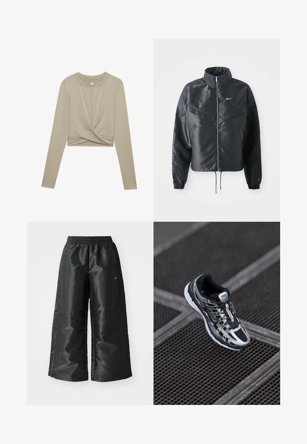 Čierna skrátená bunda s vysokým golierom, zipsovým uzatváraním, elastickými manžetami a bielym logom Nike. Hladká, lesklá tkanina s mierne textúrovaným povrchom.; Svetlo béžový crop top s dlhým rukávom a skrúteným predným dizajnom, vyrobený z hladkej tkaniny. Má okrúhly výstrih a priliehavé rukávy.; Čierne športové nohavice s lesklým, hladkým materiálom, ktoré majú elastický pás, široké nohavice a malé logo na ľavej strane.; Bežecká obuv Nike s čierno-striebornou farebnou schémou, sieťovinovým zvrškom, štruktúrovanou podrážkou a systémom šnurovania pre bezpečné uchytenie.