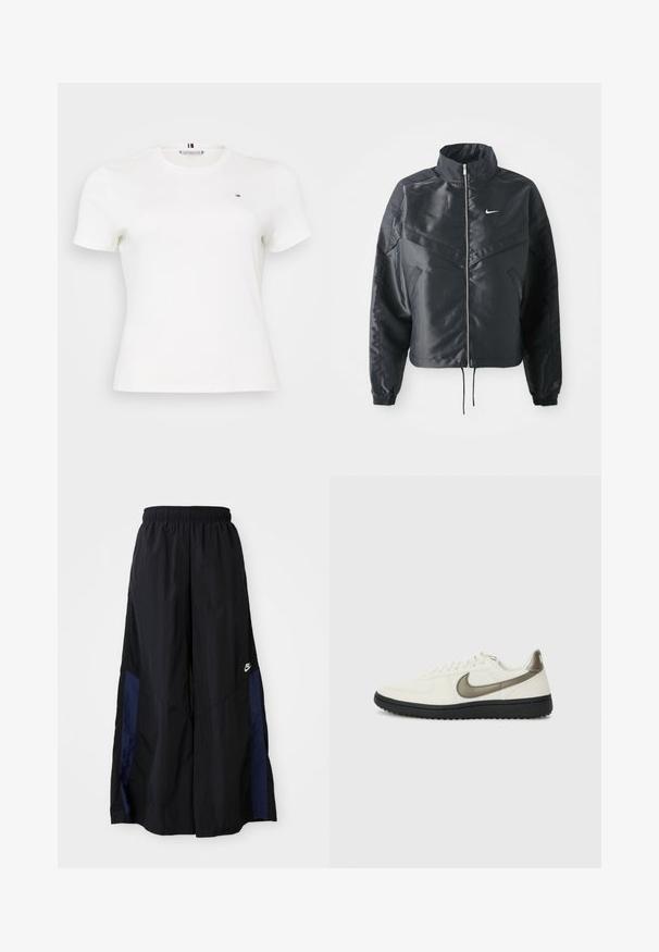 Black cropped jacket with high collar, zip closure, elastane cuffs, and a white Nike logo. Smooth, shiny fabric with a slightly textured surface.; White short-sleeve t-shirt made of cotton. Features a round neckline and a small logo on the left chest. Smooth texture and fitted design.; Black wide-leg pants made of lightweight fabric, featuring a navy blue side panel and an elastic waistband. Small white logo on bottom.; Nike Sportswear FIELD GENERAL - Trainers - off-white/black