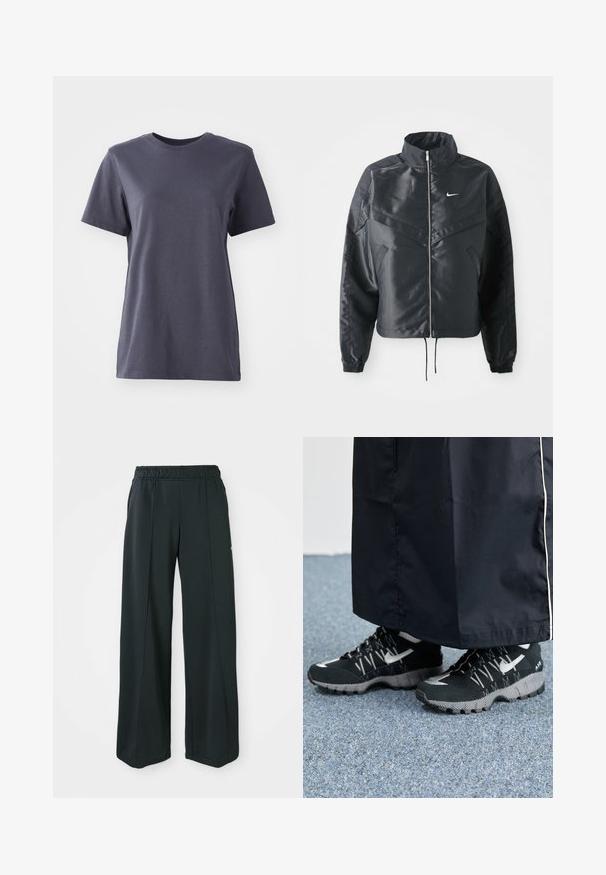 Črna skrajšana jakna z visokim ovratnikom, zadrgo, elastan rokavi in belim logotipom Nike. Gladek, sijoč material z rahlo teksturirano površino.; Majica s kratkimi rokavi iz temno sive bombažne tkanine, kroj s krožnim ovratnikom, gladka tekstura, ravno robom, brez vidnih vzorcev ali kovinskih podrobnosti.; Črne široke športne hlače z elastičnim pasom. Narejene iz gladkega, raztegljivega materiala, z diskretno sprednjo šivanko in brez žepov.; Črne športne čevlje z teksturirano zgornjimi deli, srebrnimi odtenki in z vzorčenim podplatom, v kombinaciji z dolgim črnim oblačilom. Postavljeno na modrem preprogo.