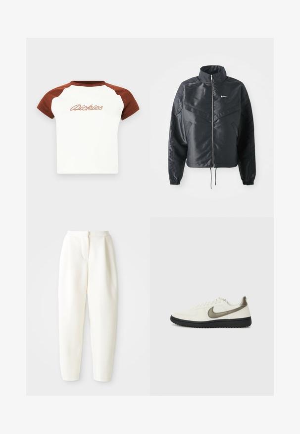 Black cropped jacket with high collar, zip closure, elastane cuffs, and a white Nike logo. Smooth, shiny fabric with a slightly textured surface.; Short-sleeve t-shirt with a white body and brown raglan sleeves. Features "Dickies" in stylized stitching across the chest. Smooth texture.; High-waist tapered white pants with a concealed front closure and side pockets, displayed against a plain white background.; Nike Sportswear FIELD GENERAL - Trainers - off-white/black