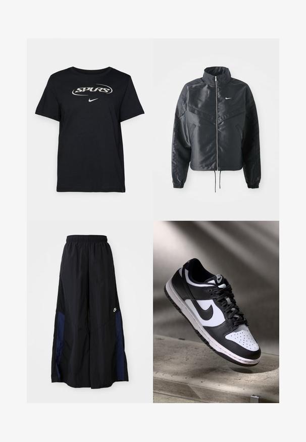 Svart cropped jakke med høy krage, glidelåsåpning, elastiske mansjetter og en hvit Nike-logo. Glatt, shiny stoff med en lett teksturert overflate.; Svart bomull T-skjorte med "SPURS" logo i hvit og en liten Nike swoosh nederst. Korte ermer og klassisk rund hals.; Svarte vide bukser laget av lett stoff, med et marineblått sidestykke og elastisk midjebånd. Liten hvit logo nederst.; Svart og hvit Nike Dunk Low sneaker med skinnoverdel, perforert tåboks og svarte snøringer, med hvit såle og logoaksenter.