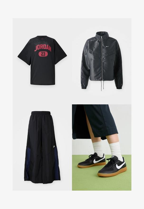 Juoda trumpa striukė su aukštu coloru, užtrauktuku, elastaniniu rankogaliu ir balta Nike logotipu. Lygus, blizgus audinys su šiek tiek tekstūruotu paviršiumi.; Juodas tinklinis džersis su užrašu "JORDAN" ryškiu raudonu šriftu ir skaičiumi "23" raudoname ovle. Laidumo ir plačios formos trumpomis rankovėmis.; Juodos plačios kojų kelnės, pagamintos iš lengvos medžiagos, su tamsiai mėlyna šonine juostele ir elastinga juosmens juosta. Maža balta logotipo etikete apačioje.; Juodos odinės ir sintetinių medžiagų sportbačiai su balta Nike swoosh, guminis padas, apvalus pirštas ir juodi raišteliai. Matomos banguotos baltos kojinės.