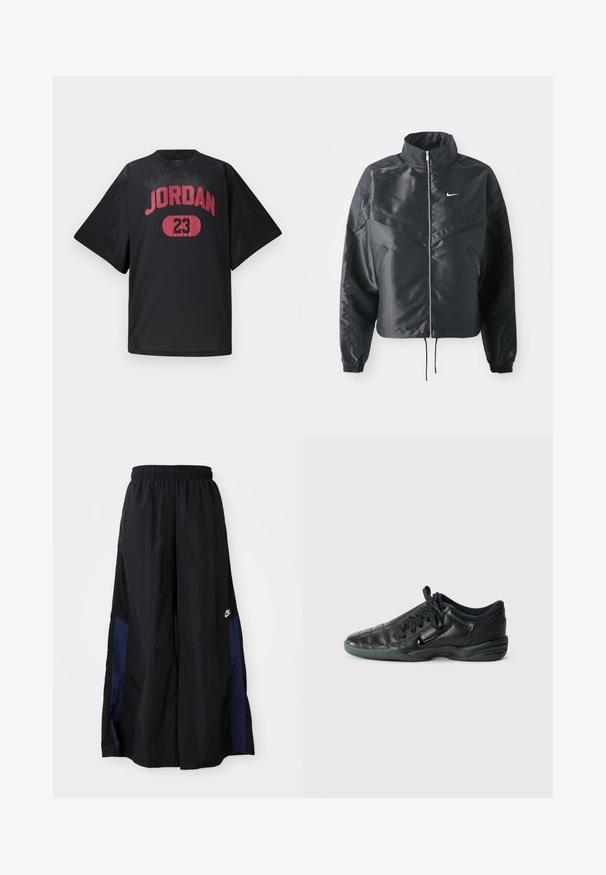 Black cropped jacket with high collar, zip closure, elastane cuffs, and a white Nike logo. Smooth, shiny fabric with a slightly textured surface.; Black mesh jersey featuring the text "JORDAN" in bold red and the number "23" in a red oval. Loose fit with short sleeves.; Black wide-leg pants made of lightweight fabric, featuring a navy blue side panel and an elastic waistband. Small white logo on bottom.; Black leather athletic shoe with a quilted design, rounded toe, lace-up front, and rubber sole. Features subtle branding on the side.