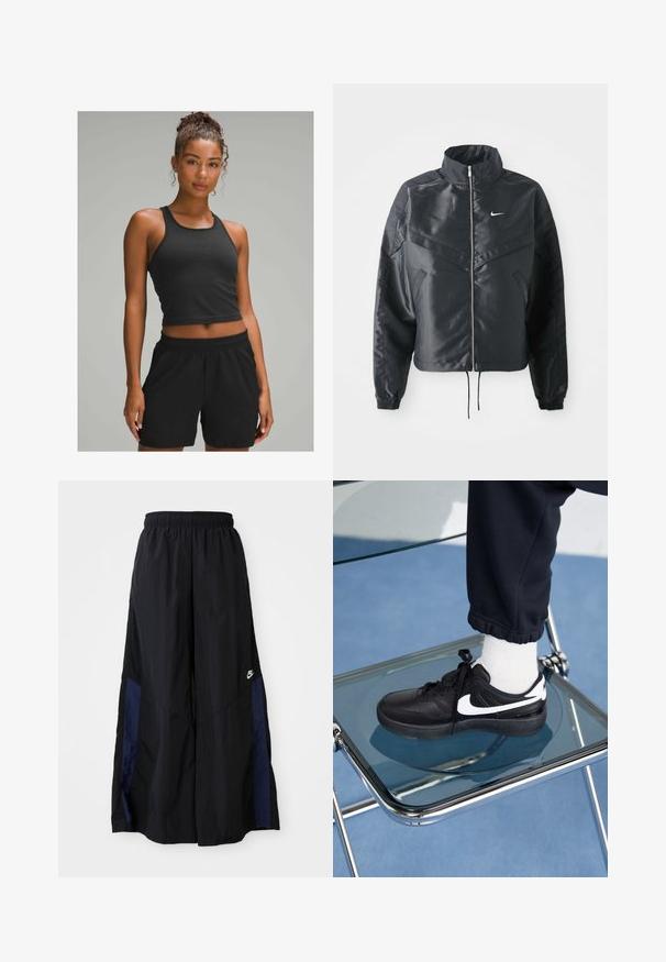 Mustat lyhyet takit, joissa on korkea kaulus, vetoketjukiinnitys, elastaanista valmistetut hihan suut ja valkoinen Nike-logo. Sileä, kiiltävä kangas, jossa on hieman tekstuuria.; Musta ribbattu crop-top yhdistettynä mustiin elastisiin vyötäröhousuihin. Sileä pinta, vartalonmyötäinen muotoilu, sopii aktiiviseen käyttöön.; Musta leveälahkeinen housu, joka on valmistettu kevyestä kankaasta. Housuissa on tummansininen sivupaneeli ja joustava vyötärö. Alhaalla on pieni valkoinen logo.; Mustat Nike-tennarit valkoisilla yksityiskohdilla, joissa on sileä nahkapinta, nauhakiinnitys ja pyöreä varvas, aseteltuna lasituolille.