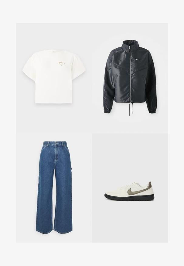 Casaco preto curto com colarinho alto, fecho de zip, punhos em elastano e um logótipo Nike branco. Tecido suave e brilhante com uma superfície ligeiramente texturizada.; T-shirt branca de manga curta feita de algodão, com um pequeno gráfico dourado de montanha no peito e um corte solto e boxy.; Calças de ganga azuis de perna larga com cintura alta, costuras em contraste e bolsos laterais, apresentando um design clássico de cinco bolsos e bainhas desfiadas.; Nike Sportswear FIELD GENERAL - Sapatilhas - off-white/black