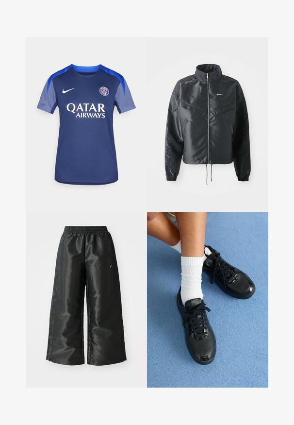 Must kolledžiga must lühike jope, millel on lukuga sulgus, elastne mansett ja valge Nike logo. Sile, läikiv kangas, millel on veidi tekstureeritud pind.; Tumesinine Nike jalgpallipusa, millel on ümmargune kaelus, lühikesed varrukad ja hallid aktsendid. "QATAR AIRWAYS" trükitud valgega. Meeskonna logo rinnal.; Mustad mustad sportsipüksid läikiva, siledaga kangaga, pa elastse vöökoha, laia sääre ja väikese logoga vasakul küljel.; Mustad mustad Nike tennised, millel on tekstuuriga pealisosa, läikivad aktsendid ja ümmargused paelad. Need on kombineeritud valgete soonikste socksidega helesinisel pinnal.
