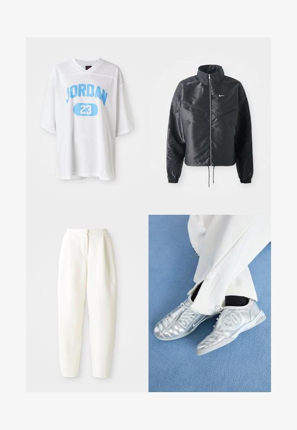 Zwarte cropped jack met hoge kraag, ritsluiting, elastische manchetten en een wit Nike-logo. Glad, glanzend materiaal met een licht gestructureerd oppervlak.; Witte mesh jersey met korte mouwen, met blauwe tekst "JORDAN" en "23" binnen een ovaal. Lichtgewicht, ademende stof, oversized fit.; Hoog-waisted witte tapered broek met een verborgen sluiting aan de voorkant en zijzakken, weergegeven tegen een effen witte achtergrond.; Zilveren sportschoenen met een gladde, glanzende afwerking, voorzien van een gestikt ontwerp en het nummer 90 aan de zijkant, gecombineerd met witte broek.