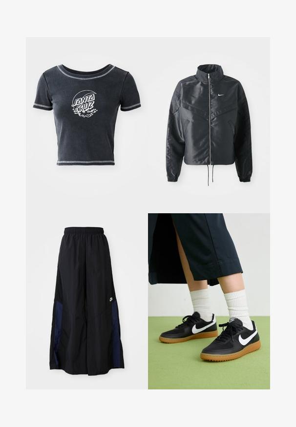 Casaco preto curto com colarinho alto, fecho de zip, punhos em elastano e um logótipo Nike branco. Tecido suave e brilhante com uma superfície ligeiramente texturizada.; T-shirt cropped em cinza escuro, com mangas curtas, decote redondo e impressão gráfica branca "SANTA CRUZ". Apresenta costura contrastante.; Calças largas pretas feitas de tecido leve, com um painel lateral azul-marinho e cintura elástica. Pequeno logótipo branco na parte inferior.; Sapatilhas pretas em couro e sintético com o logo da Nike em branco, sola de borracha tipo goma, bico redondo e atacadores pretos. Meias brancas com frunces visíveis.
