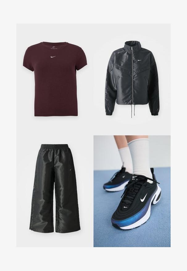 Black cropped jacket with high collar, zip closure, elastane cuffs, and a white Nike logo. Smooth, shiny fabric with a slightly textured surface.; Burgundy short-sleeve t-shirt made of soft cotton, featuring a crew neckline and a small white Nike logo on the chest.; Black athletic pants with a shiny, smooth fabric, featuring an elastic waistband, wide legs, and a small logo on the left side.; Black Nike sneakers with a smooth fabric upper, featuring a gradient blue-to-black design, white sole, and prominent logo accents.