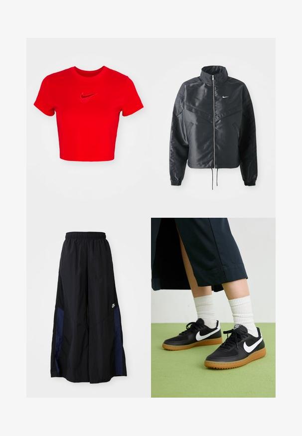 Melna apgriezta jaka ar augstu apkakli, rāvējslēdzēja aizdari, elastīna aprocēm un baltu Nike logo. Gluda, spīdīga auduma ar nedaudz teksturētu virsmu.; Sarkans kokvilnas īsā T-krekls ar apaļu kaklu un īsām piedurknēm, ar diskretu Nike logo izšuvumu uz krūtīm.; Melni plata kāju bikses no viegla auduma, ar tumši zilu sānu paneli un elastīgu jostu. Mazs balts logotips apakšā.; Melna āda un sintētiska materiāla sporta apavi ar baltu Nike logo, gumijas zole, apaļa purngala forma un melni šņores. Redzamas ribotas baltas zeķes.