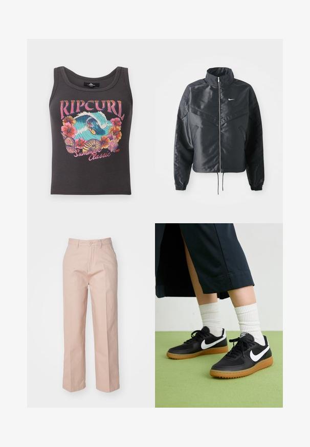 Black cropped jacket with high collar, zip closure, elastane cuffs, and a white Nike logo. Smooth, shiny fabric with a slightly textured surface.; Dark gray ribbed tank top with colorful surf and floral graphic, text "Rip Curl Summer Classic 1969" on front.; Light pink, high-waisted trousers made from cotton blend fabric. Features a front button closure, straight legs, and traditional pockets.; Black leather and synthetic sneakers with white Nike swoosh, rubber gum sole, round toe, and black laces. Ribbed white socks visible.