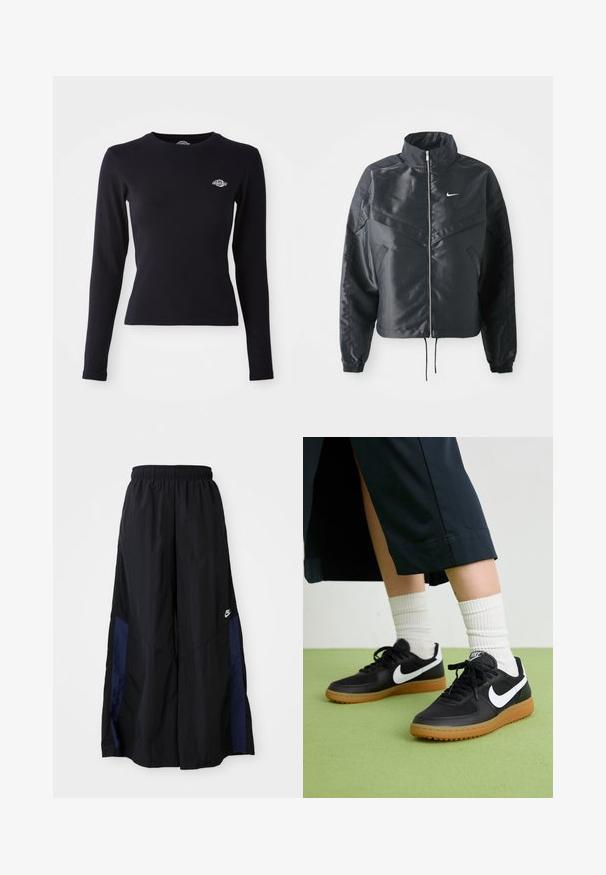 Casaco preto curto com colarinho alto, fecho de zip, punhos em elastano e um logótipo Nike branco. Tecido suave e brilhante com uma superfície ligeiramente texturizada.; Camisa preta de manga longa feita em algodão leve, com decote redondo e um pequeno logótipo bordado na zona do peito esquerdo.; Calças largas pretas feitas de tecido leve, com um painel lateral azul-marinho e cintura elástica. Pequeno logótipo branco na parte inferior.; Sapatilhas pretas em couro e sintético com o logo da Nike em branco, sola de borracha tipo goma, bico redondo e atacadores pretos. Meias brancas com frunces visíveis.