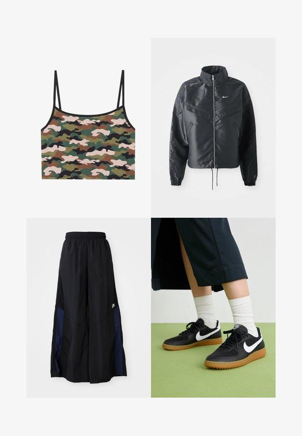 Črna skrajšana jakna z visokim ovratnikom, zadrgo, elastan rokavi in belim logotipom Nike. Gladek, sijoč material z rahlo teksturirano površino.; Kamuflažni top s kratkimi rukavi v zelenih, rjavih in roza vzorcih. Narejen iz mehkega blaga s tankimi nastavljivimi naramnicami in črnim robom.; Črne široke hlače iz lahkega materiala, z morsko modrim stranskim panelom in elastičnim pasom. Majhna bela oznaka na dnu.; Črne usnjene in sintetične superge z belim Nike swooshom, gumo na podplatu, okroglo konico ter črnimi vezalkami. Vidne so rebraste bele nogavice.