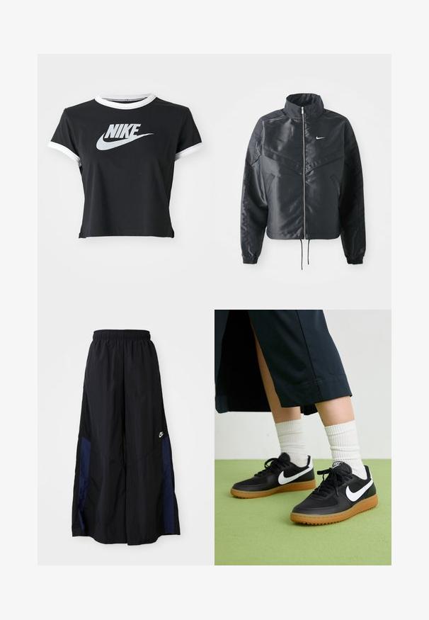Melna apgriezta jaka ar augstu apkakli, rāvējslēdzēja aizdari, elastīna aprocēm un baltu Nike logo. Gluda, spīdīga auduma ar nedaudz teksturētu virsmu.; Melna īsa T-kreklu izgatavota no mīkstas kokvilnas, ar baltu ribota materiāla apkakli un piedurkņu akcentiem, ar izteiksmīgu baltu Nike logo uz priekšpuses.; Melni plata kāju bikses no viegla auduma, ar tumši zilu sānu paneli un elastīgu jostu. Mazs balts logotips apakšā.; Melna āda un sintētiska materiāla sporta apavi ar baltu Nike logo, gumijas zole, apaļa purngala forma un melni šņores. Redzamas ribotas baltas zeķes.