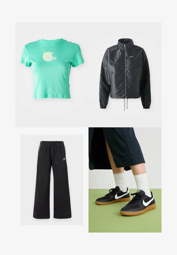 Black cropped jacket with high collar, zip closure, elastane cuffs, and a white Nike logo. Smooth, shiny fabric with a slightly textured surface.; Cropped t-shirt in light teal fabric featuring a floral design and "ROXY" logo in white and yellow at the center front. Short sleeves.; Black sweatpants made of soft fabric, featuring an elastic waistband with a drawstring, side stripes, and a small logo on the front left.; Black leather and synthetic sneakers with white Nike swoosh, rubber gum sole, round toe, and black laces. Ribbed white socks visible.