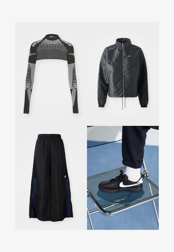 Czarna krótka kurtka z wysokim kołnierzem, zamek błyskawiczny, ściągacze z elastanu i białe logo Nike. Gładki, błyszczący materiał o lekko teksturowanej powierzchni.; Czarna i biała, długozmienna bluzka crop z wysokim dekoltem, z kolorowymi punktami i paskami. Materiał wygląda na elastyczny i teksturowany.; Czarne spodnie szerokie wykonane z lekkiego materiału, z granatowym bocznym panelem i elastycznym paskiem w talii. Małe białe logo na dole.; Czarne sneakersy Nike z białymi akcentami, charakteryzujące się gładką skórzaną teksturą, zawiązywaną konstrukcją i zaokrąglonym noskiem, umieszczone na szklanym krześle.