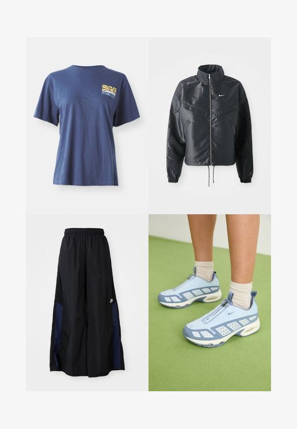 Mustat lyhyet takit, joissa on korkea kaulus, vetoketjukiinnitys, elastaanista valmistetut hihan suut ja valkoinen Nike-logo. Sileä, kiiltävä kangas, jossa on hieman tekstuuria.; Laivansiniset puuvillapaidat lyhyillä hihoilla, joissa on keltainen ja sininen auringonnousugrafiikka vasemmassa rinnassa, nimeltään "ROXY PARADISE."; Musta leveälahkeinen housu, joka on valmistettu kevyestä kankaasta. Housuissa on tummansininen sivupaneeli ja joustava vyötärö. Alhaalla on pieni valkoinen logo.; Vaaleansiniset urheilukengät valkoisilla yksityiskohdilla, tekstuuripaneeleilla ja vetoketjukiinnityksellä. Varustettu näkyvällä ilmatyynykannan ja kumipohjan.