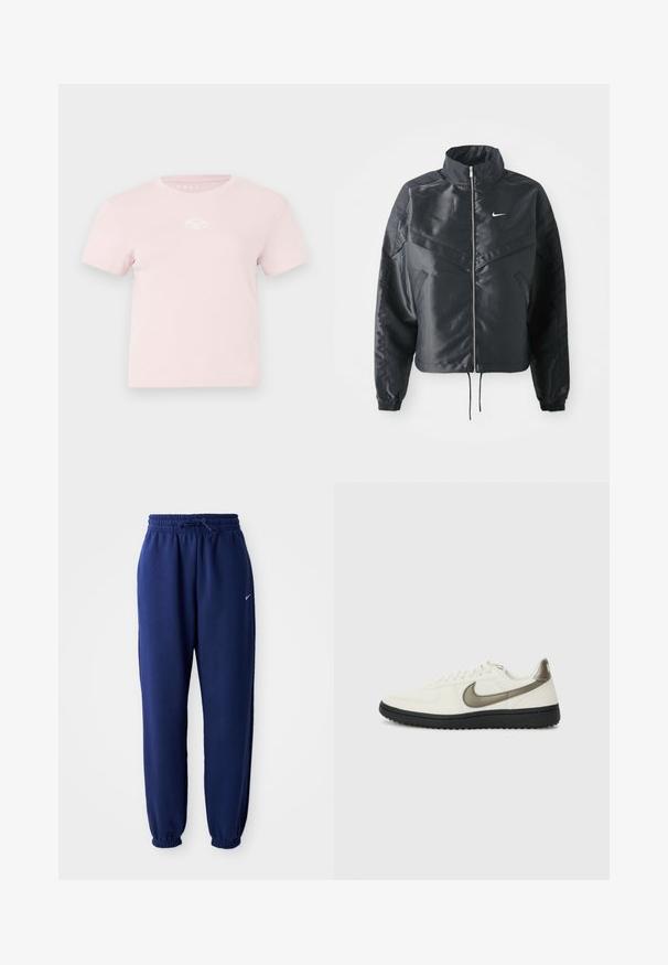 Črna skrajšana jakna z visokim ovratnikom, zadrgo, elastan rokavi in belim logotipom Nike. Gladek, sijoč material z rahlo teksturirano površino.; Bombažna roza majica s kratkimi rokavi, okroglim izrezom in majhnim belim logotipom na prsih. Gladka tekstura in sproščen dizajn.; Temno modri trenirka hlače iz mehkega blaga, z elastičnim pasom in vrvico, elastičnimi manšeti ter majhnim belim logotipom.; Nike Sportswear FIELD GENERAL - Športni copati - off-white/black