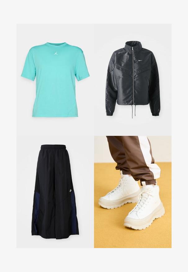 Svart cropped jakke med høy krage, glidelåsåpning, elastiske mansjetter og en hvit Nike-logo. Glatt, shiny stoff med en lett teksturert overflate.; Turkis kortermet t-skjorte laget av lett stoff med rund hals og en hvit Jumpman-logo på brystet. Har en avslappet passform.; Svarte vide bukser laget av lett stoff, med et marineblått sidestykke og elastisk midjebånd. Liten hvit logo nederst.; Hvite høytoppsneakers med en tykk, teksturert såle, med en glatt øvre del, rund tå og tonede snøringer, satt mot en gul bakgrunn.