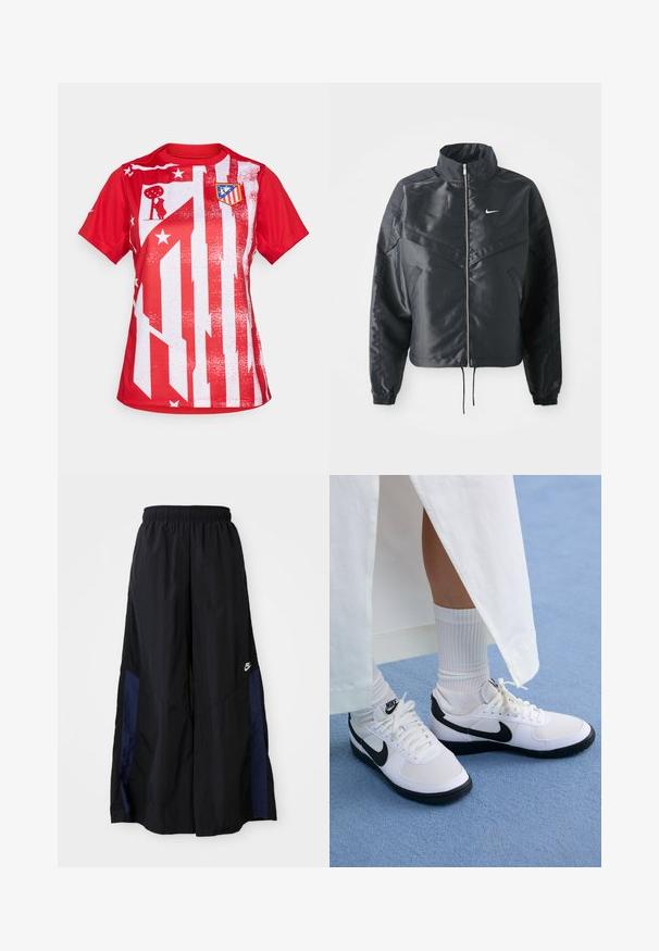 Čierna skrátená bunda s vysokým golierom, zipsovým uzatváraním, elastickými manžetami a bielym logom Nike. Hladká, lesklá tkanina s mierne textúrovaným povrchom.; Červené tričko s krátkym rukávom s bielym pruhovaným dizajnom a hviezdami, s klubovým emblémom na ľavej hrudi, vyrobené z ľahkého materiálu.; Čierne voľné nohavice vyrobené z ľahkého materiálu, s námorníckym modrým postranným panelom a elastickým pásom. Malé biele logo na spodnej časti.; Biele Nike tenisky s čiernymi akcentmi, s hladkým koženým zvrškom, bielymi šnúrkami a pevnými gumovými podrážkami, spárované s bielymi rebrovanými ponožkami.