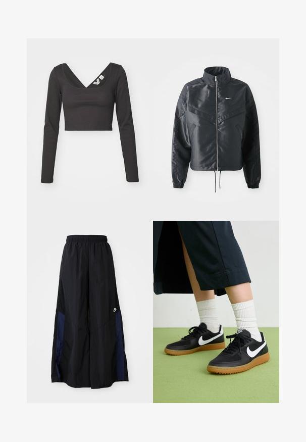 Casaco preto curto com colarinho alto, fecho de zip, punhos em elastano e um logótipo Nike branco. Tecido suave e brilhante com uma superfície ligeiramente texturizada.; Top cropped de manga longa preto com um decote em V profundo e um design justo. Apresenta etiquetas no interior do decote. Textura suave.; Calças largas pretas feitas de tecido leve, com um painel lateral azul-marinho e cintura elástica. Pequeno logótipo branco na parte inferior.; Sapatilhas pretas em couro e sintético com o logo da Nike em branco, sola de borracha tipo goma, bico redondo e atacadores pretos. Meias brancas com frunces visíveis.