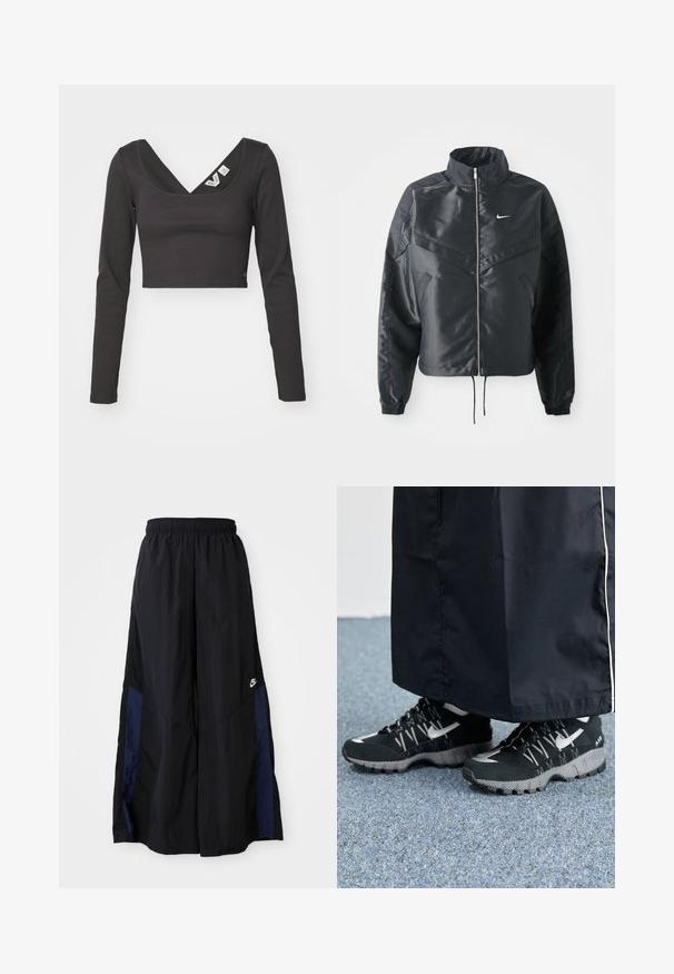 Black cropped jacket with high collar, zip closure, elastane cuffs, and a white Nike logo. Smooth, shiny fabric with a slightly textured surface.; Black ribbed long-sleeve crop top with a deep V-neckline and fitted design. Features tags on the inside neckline. Smooth texture.; Black wide-leg pants made of lightweight fabric, featuring a navy blue side panel and an elastic waistband. Small white logo on bottom.; Black athletic shoes with a textured upper, silver accents, and a patterned outsole, paired with a black long garment. Set against blue carpet.
