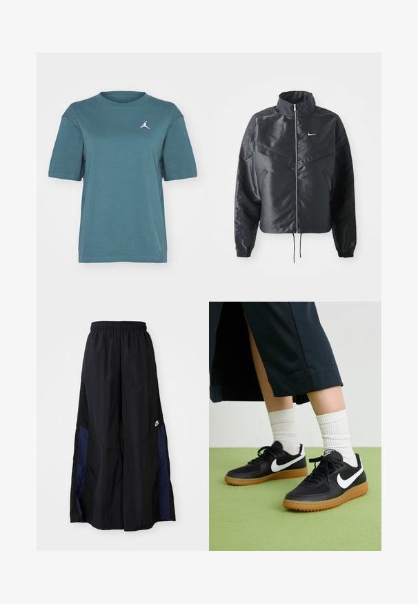 Casaco preto curto com colarinho alto, fecho de zip, punhos em elastano e um logótipo Nike branco. Tecido suave e brilhante com uma superfície ligeiramente texturizada.; Jordan TEE - T-shirt básica - oxidized green; Calças largas pretas feitas de tecido leve, com um painel lateral azul-marinho e cintura elástica. Pequeno logótipo branco na parte inferior.; Sapatilhas pretas em couro e sintético com o logo da Nike em branco, sola de borracha tipo goma, bico redondo e atacadores pretos. Meias brancas com frunces visíveis.