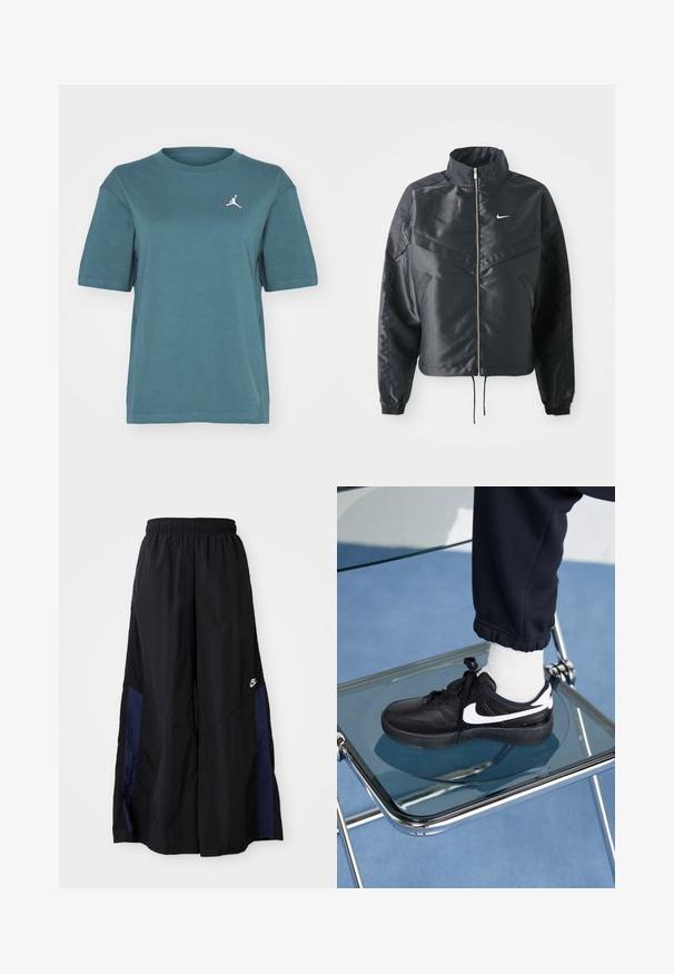 Zwarte cropped jack met hoge kraag, ritsluiting, elastische manchetten en een wit Nike-logo. Glad, glanzend materiaal met een licht gestructureerd oppervlak.; Jordan TEE - T-shirt basic - oxidized green; Zwarte wijdlopende broek van lichtgewicht stof, met een marineblauwe zijpaneel en een elastische tailleband. Klein wit logo onderaan.; Zwarte Nike sneakers met witte accenten, met een gladde leren textuur, vetersluiting en ronde neus, geplaatst op een glazen stoel.