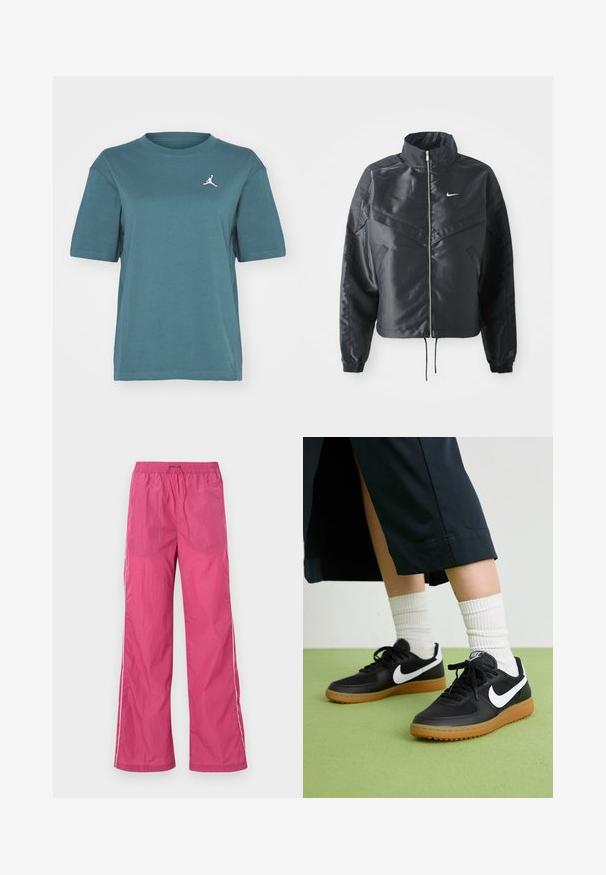 Mustat lyhyet takit, joissa on korkea kaulus, vetoketjukiinnitys, elastaanista valmistetut hihan suut ja valkoinen Nike-logo. Sileä, kiiltävä kangas, jossa on hieman tekstuuria.; Jordan TEE - T-paita - oxidized green; Vaarit vaaleanpunaiset kevyet housut, joissa on naru vyötäröllä, leveät lahkeet ja valkoiset sivuviivat. Sileä pinta, sopii arkikäyttöön.; Mustat nahka- ja synteettiset urheilukengät, joissa on valkoinen Nike-merkki, kuminen pohja, pyöreä kärki ja mustat nauhat. Raitapintaiset valkoiset sukat näkyvissä.