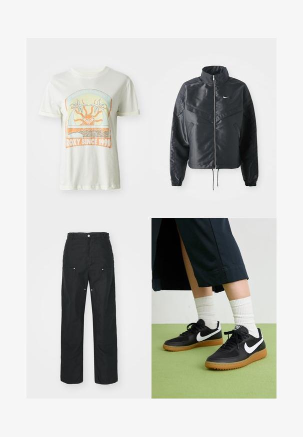 Schwarze, verkürzte Jacke mit hohem Kragen, Reißverschluss, Elastan-Ärmeln und einem weißen Nike-Logo. Glattes, glänzendes Material mit leicht strukturiertem Oberflächeneffekt.; Cremefarbene Baumwoll-T-Shirt mit einem retro Grafikdesign mit Palmen, Sonne und "ROXY SINCE 1990" in orangefarbenen und teal Akzenten. Kurze Ärmel.; Schwarze Hose mit geradem Bein, aus einem strukturierten Stoff. Verfügt über dekorative silberne Hardware und einzigartige Nahtdetails.; Schwarze Leder- und synthetische Sneakers mit weißem Nike-Swoosh, Gummisohle, runder Spitze und schwarzen Schnürsenkeln. Gestreifte weiße Socken sind sichtbar.