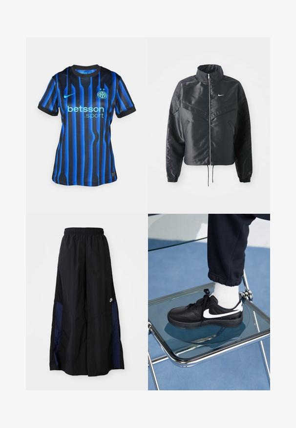Giacca nera cropped con colletto alto, chiusura a zip, polsini in elastan e logo Nike bianco. Tessuto liscio e lucido con una superficie leggermente texturizzata.; Maglietta da calcio a righe nere e blu con scollatura rotonda. Presenta un logo "betsson.sport" azzurro chiaro e un emblema tondo della squadra sul petto.; Pantaloni neri a gamba larga realizzati in tessuto leggero, con un pannello laterale blu navy e una cintura elastica. Piccolo logo bianco sul fondo.; Sneakers Nike neri con accenti bianchi, caratterizzati da una superficie in pelle liscia, design con lacci e punta rotonda, posizionati su una sedia di vetro.