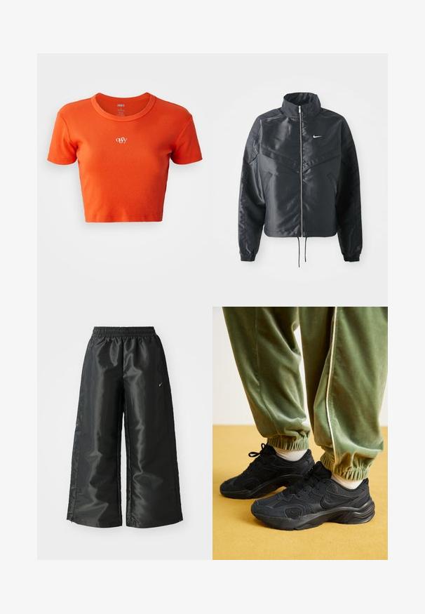 Svart kort jacka med hög krage, dragkedja, ärmslut i elastan och en vit Nike-logotyp. Slät, glänsande tyg med en något strukturerad yta.; Orange kortärmad t-shirt i ribbat tyg, med rund halsringning och en liten vit "obey"-logotyp broderad på bröstet.; Svarta träningsbyxor i ett glänsande, slätt tyg, med en elastisk midja, vida ben och en liten logotyp på vänster sida.; Svarta sportskor med mesh och syntetiska överdrag, texturerad sula, tillsammans med gröna mjukisbyxor med elastiska muddars, på en gul yta.