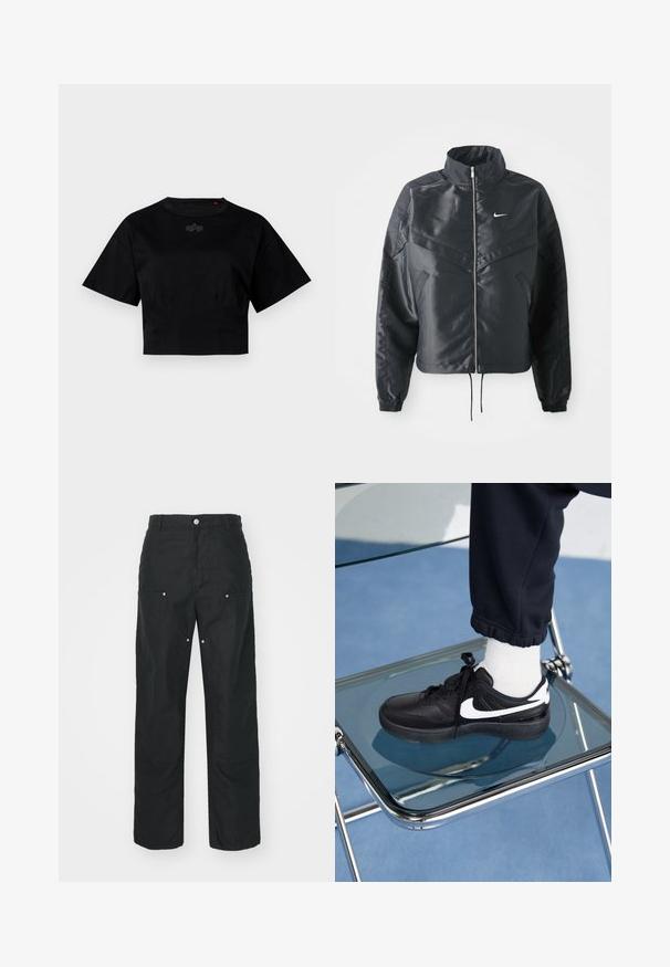 Chaqueta negra corta con cuello alto, cierre de cremallera, puños de elastano y un logo de Nike en blanco. Tejido suave y brillante con una superficie ligeramente texturizada.; Camiseta negra corta de algodón. Presenta mangas cortas y un escote redondo. Incluye un sutil detalle de logo en el pecho.; Pantalones negros con un diseño de pierna recta, hechos de una tela texturizada. Presentan adornos de metal plateado decorativos y un diseño de costura único.; Zapatillas Nike negras con acentos blancos, con una textura de cuero suave, diseño de cordones y punta redondeada, colocadas sobre una silla de cristal.