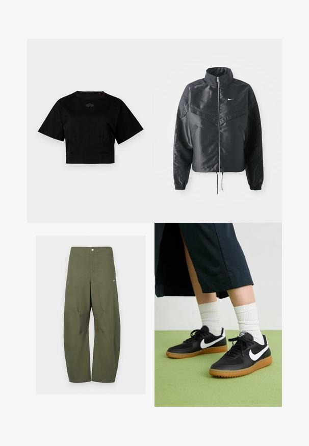 Čierna skrátená bunda s vysokým golierom, zipsovým uzatváraním, elastickými manžetami a bielym logom Nike. Hladká, lesklá tkanina s mierne textúrovaným povrchom.; Čierne skrátené tričko vyrobené z bavlny. Má krátke rukávy a okrúhly výstrih. Obsahuje jemný detail loga na hrudi.; Široké nohavice olivovo zelenej farby z ľahkého materiálu, s predným zapínaním na gombíky a malým logom Nike na ľavej strane.; Čierne kožené a syntetické tenisky so bielym logom Nike, gumenou podrážkou, okrúhlou špičkou a čiernymi šnúrkami. Viditeľné biele pruhované ponožky.