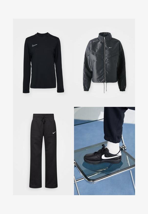 Schwarze, verkürzte Jacke mit hohem Kragen, Reißverschluss, Elastan-Ärmeln und einem weißen Nike-Logo. Glattes, glänzendes Material mit leicht strukturiertem Oberflächeneffekt.; Schwarzes langärmliges Sportshirt aus glattem Stoff, mit Rundhalsausschnitt und kleinem weißen Nike-Logo auf der oberen linken Seite.; Schwarze Sweatpants aus einem Baumwollmix, mit einem Kordelzugbund, geraden Beinen und einem weißen Nike-Logo auf der linken Seite.; Schwarze Nike-Sneaker mit weißen Akzenten, die über eine glatte Ledertextur, ein Schnürdesign und eine abgerundete Zehenform verfügen, platziert auf einem Glasstuhl.