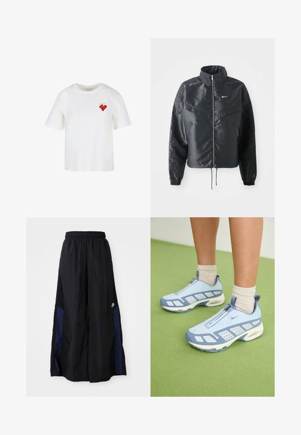 Chaqueta negra corta con cuello alto, cierre de cremallera, puños de elastano y un logo de Nike en blanco. Tejido suave y brillante con una superficie ligeramente texturizada.; Camiseta blanca de algodón con cuello redondo y mangas cortas, que presenta una ilustración de uvas rojas en la parte izquierda del pecho.; Pantalones de pierna ancha negros, confeccionados en una tela ligera, con un panel lateral azul marino y una cinturilla elástica. Logotipo blanco pequeño en la parte inferior.; Zapatos deportivos azul claro con acentos blancos, paneles texturizados y cierre de cremallera. Presentan una suela con amortiguación de aire visible y suela de goma.