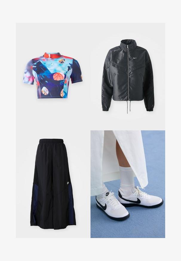 Sort cropped jakke med høj krave, lynlås lukning, elastiske manchetter og et hvidt Nike-logo. Glat, blankt stof med en let struktureret overflade.; Kortærmet cropped top i strækbart, glat materiale med et livligt multicolor print med basketballmotiver og en høj krave.; Sorte vide benbukser lavet af letvægtsstof, med et marineblåt sidepanel og en elastisk talje. Lille hvidt logo nederst.; Hvide Nike sneakers med sorte accenter, der har en glat læderoverdel, hvide snørebånd og slidstærke gummiydersåler, parret med hvide ribbede sokker.