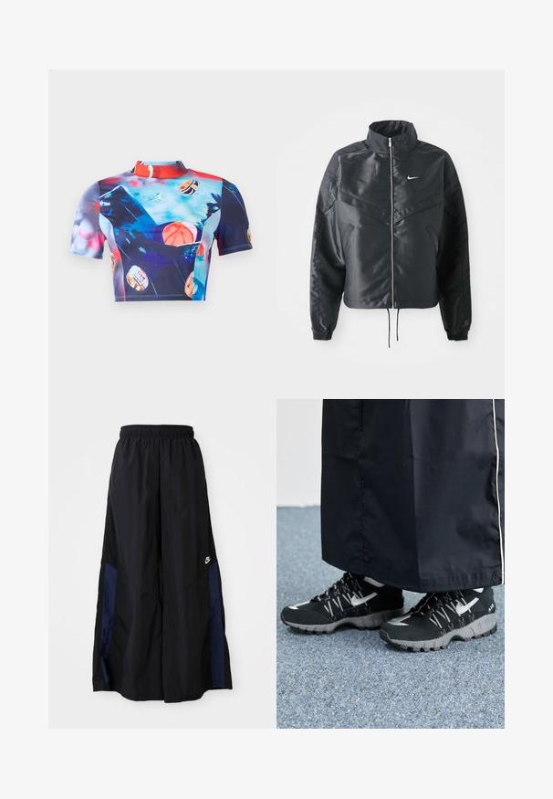 Must kolledžiga must lühike jope, millel on lukuga sulgus, elastne mansett ja valge Nike logo. Sile, läikiv kangas, millel on veidi tekstureeritud pind.; Lühikeste varrukatega lühike topp venivast, siledast kangast, millel on elav mitmevärviline trükk korvpallimotiividega ja kõrge kraedisein.; Mustad laiad mustad püksid kergest kangast, millel on tumesinine külgpaneel ja elastne vöökoht. Väike valge logo allservas.; Mustad mustrehilised mustad spordijalatsid, millel on tekstuurne pealmine osa, hõbedased aktsendid ja mustriga tallaosad, koos musta pika riietusega. Seatud sinise vaiba taustale.