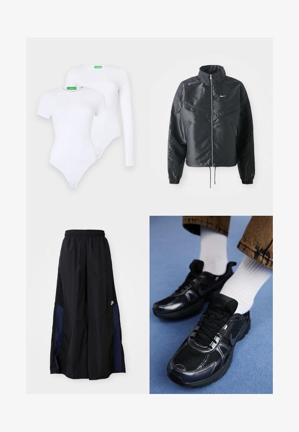 Črna skrajšana jakna z visokim ovratnikom, zadrgo, elastan rokavi in belim logotipom Nike. Gladek, sijoč material z rahlo teksturirano površino.; Dva bela telesna obleka iz gladkega materiala; ena kratkimi rokavi in ena dolgimi rokavi. Obe imata ozko dno in zeleno oznako.; Črne široke hlače iz lahkega materiala, z morsko modrim stranskim panelom in elastičnim pasom. Majhna bela oznaka na dnu.; Črni Nike supergi z mrežasto in sintetično, teksturirano zgornjo plastjo, črnimi vezalkami in trpežnimi gumijastimi podplati. Vidne bele rebraste nogavice.