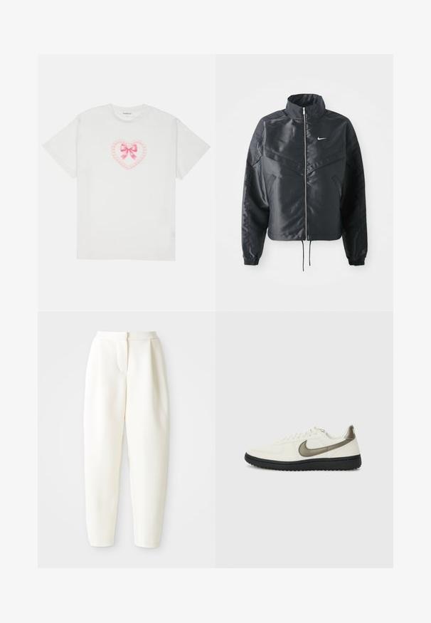 Black cropped jacket with high collar, zip closure, elastane cuffs, and a white Nike logo. Smooth, shiny fabric with a slightly textured surface.; White cotton t-shirt featuring a pink heart design with a bow and chain detailing. Short sleeves and a round neckline. Soft texture.; High-waist tapered white pants with a concealed front closure and side pockets, displayed against a plain white background.; Nike Sportswear FIELD GENERAL - Trainers - off-white/black