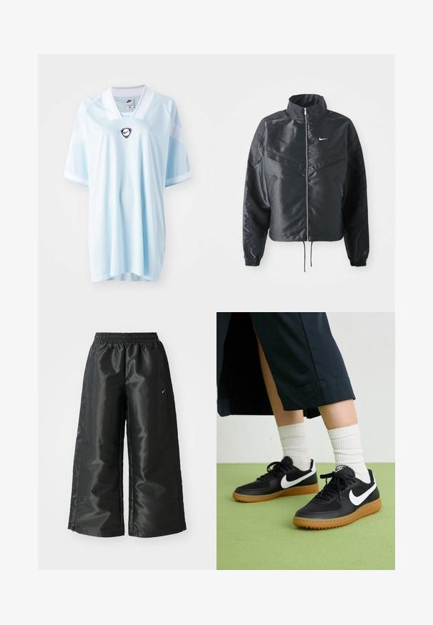 Melna apgriezta jaka ar augstu apkakli, rāvējslēdzēja aizdari, elastīna aprocēm un baltu Nike logo. Gluda, spīdīga auduma ar nedaudz teksturētu virsmu.; Gaiši zils Nike krekls ar V veida kaklu, īsām piedurknēm un melnu Nike logotipu centrā. Izgatavots no elpojoša, strukturēta auduma.; Melnas sporta bikses ar spīdīgu, gludu audumu, aprīkotas ar elastīgu jostu, platām kājām un mazu logotipu kreisajā pusē.; Melna āda un sintētiska materiāla sporta apavi ar baltu Nike logo, gumijas zole, apaļa purngala forma un melni šņores. Redzamas ribotas baltas zeķes.